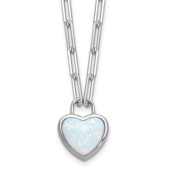 925 Sterling Silver RH-platedCreated Opal Heart Paperclip Link Necklace